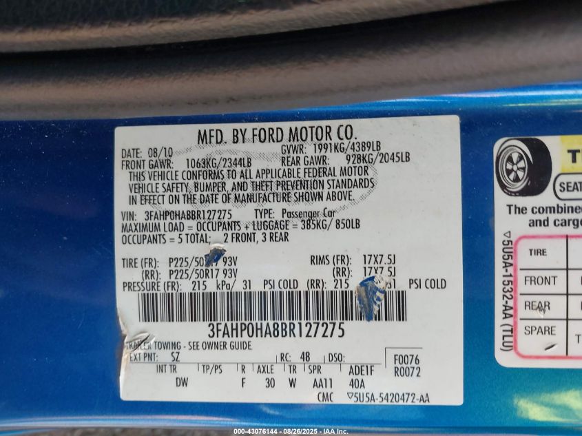 2011 Ford Fusion Se VIN: 3FAHP0HA8BR127275 Lot: 43076144