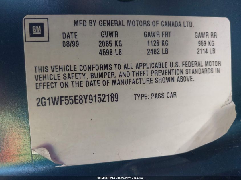 2000 Chevrolet Impala VIN: 2G1WF55E8Y9152189 Lot: 43076244