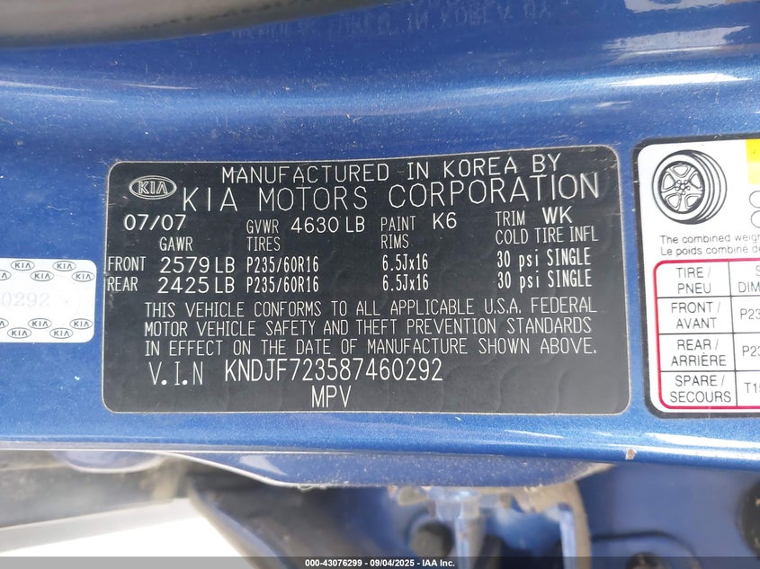 2008 Kia Sportage Ex/Lx VIN: KNDJF723587460292 Lot: 43076299