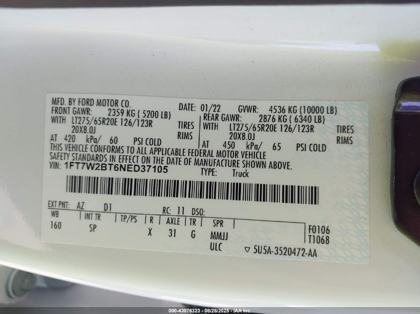 2022 Ford F-250 King Ranch VIN: 1FT7W2BT6NED37105 Lot: 43076323
