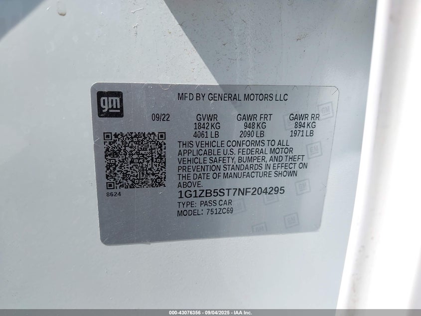2022 Chevrolet Malibu Fwd Ls VIN: 1G1ZB5ST7NF204295 Lot: 43148519