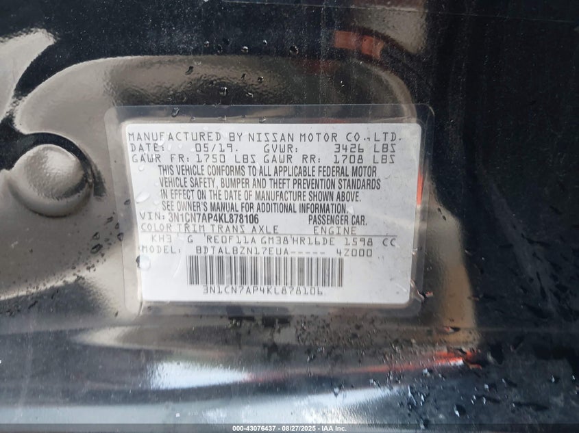 2019 NISSAN VERSA 1.6 SV 3N1CN7AP4KL878106