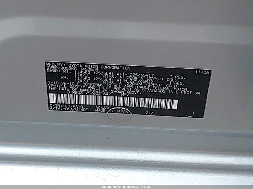 2007 Toyota Rav4 Limited VIN: JTMBD31V576031647 Lot: 43076512