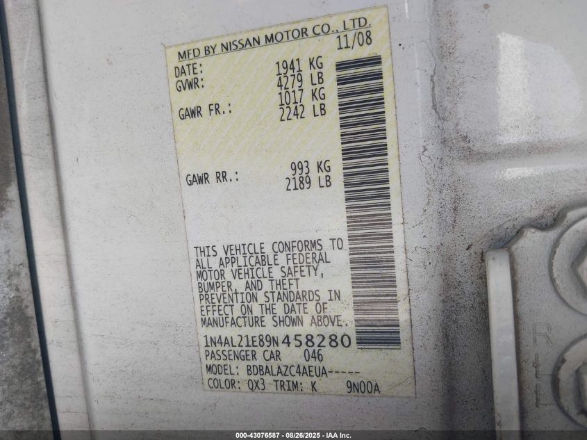 2009 Nissan Altima 2.5 VIN: 1N4AL21E89N458280 Lot: 43076587