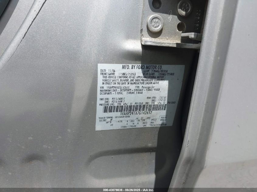 2007 Ford Five Hundred Sel VIN: 1FAHP241X7G142652 Lot: 43076636