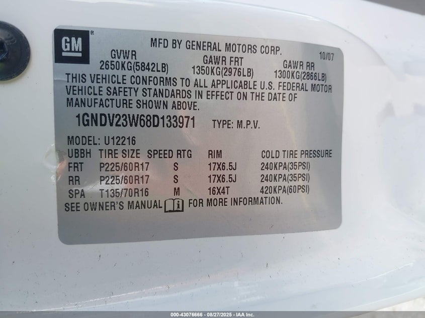 2008 Chevrolet Uplander Ls VIN: 1GNDV23W68D133971 Lot: 43076666