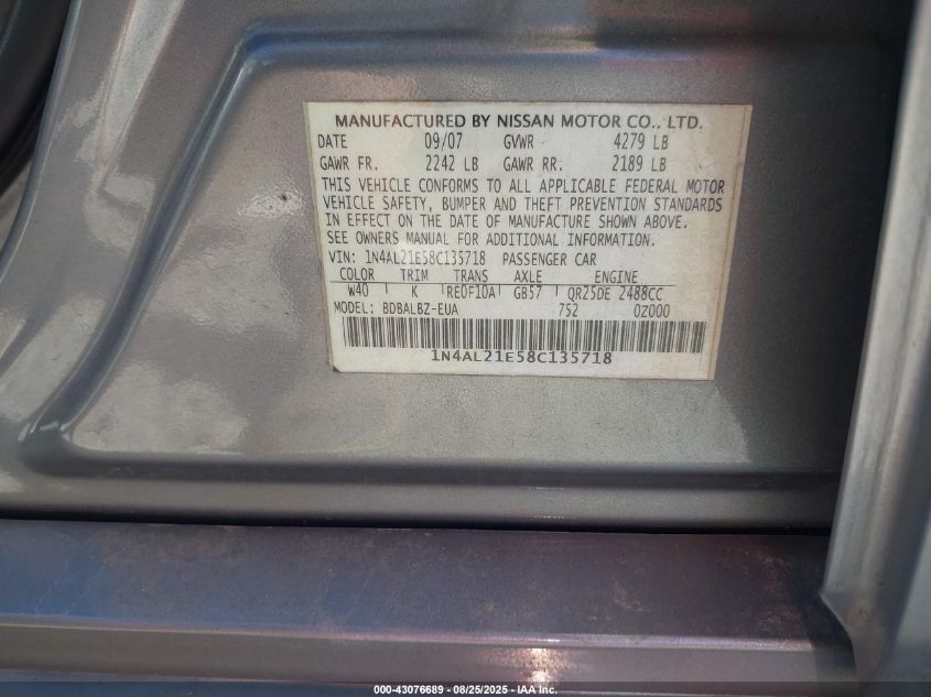 2008 Nissan Altima 2.5 S VIN: 1N4AL21E58C135718 Lot: 43076689