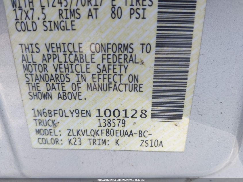 2014 Nissan Nv Cargo Nv2500 Hd S V6 VIN: 1N6BF0LY9EN100128 Lot: 43076904