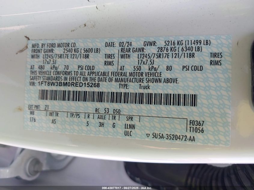 2024 Ford F-350 Xl VIN: 1FT8W3BM0RED15268 Lot: 43077017