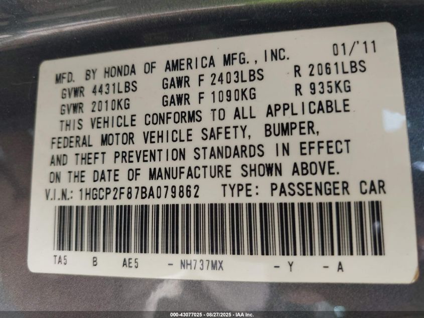 2011 Honda Accord 2.4 Ex-L VIN: 1HGCP2F87BA079862 Lot: 43077025