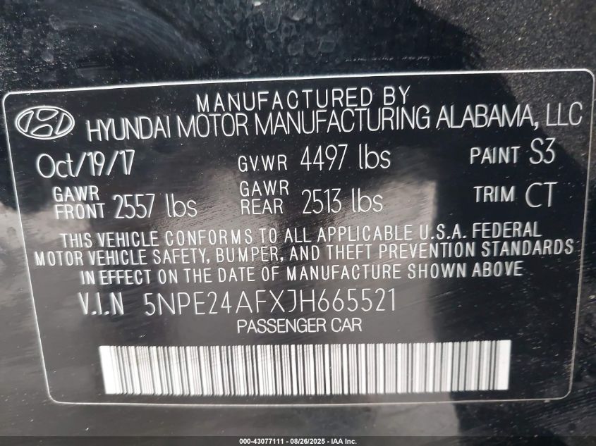 2018 Hyundai Sonata Se VIN: 5NPE24AFXJH665521 Lot: 43077111