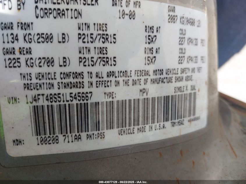 2001 Jeep Cherokee Sport VIN: 1J4FT48S51L545667 Lot: 43077129