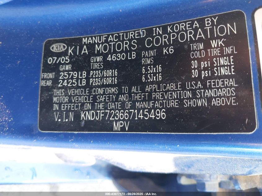 2006 Kia Sportage Ex V6/Lx V6 VIN: KNDJF723667145496 Lot: 43077173