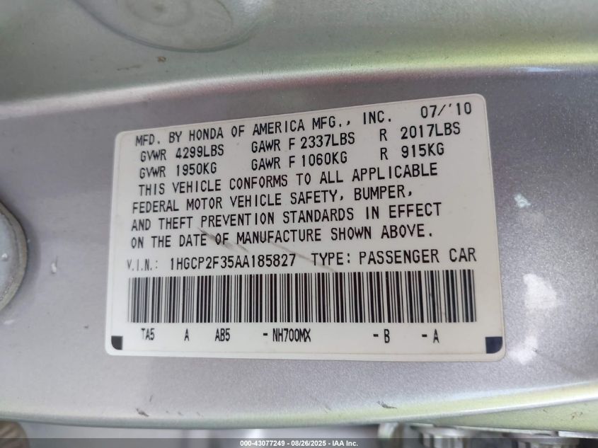 2010 Honda Accord 2.4 Lx VIN: 1HGCP2F35AA185827 Lot: 43077249