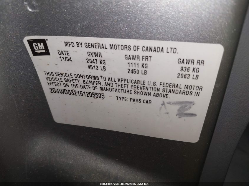 2005 Buick Lacrosse Cxl VIN: 2G4WD532151205505 Lot: 43077253