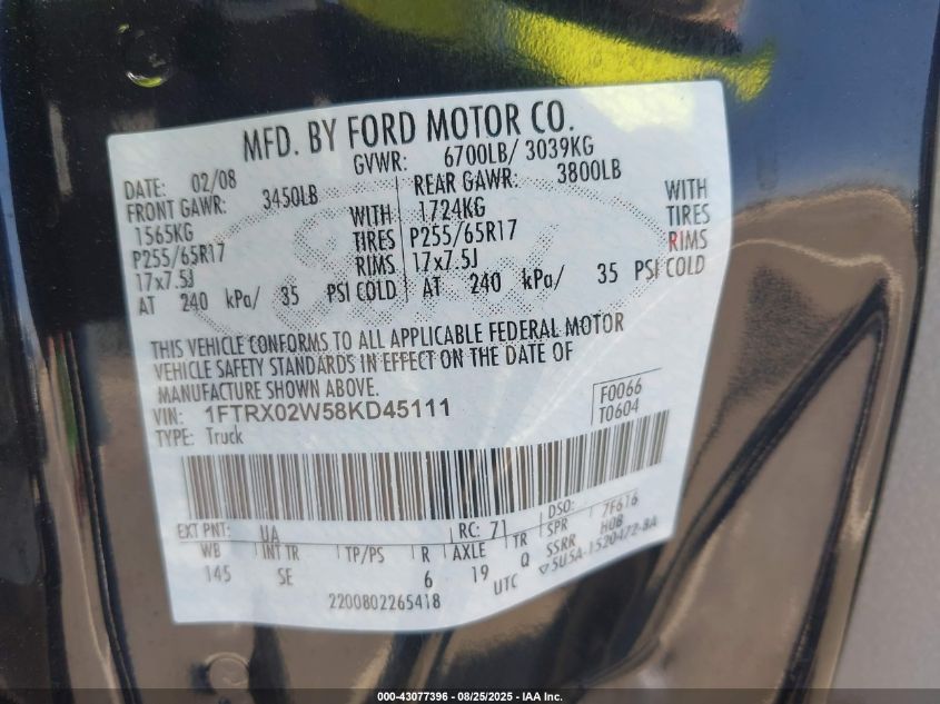 2008 Ford F-150 Fx2/Stx/Xlt VIN: 1FTRX02W58KD45111 Lot: 43077396