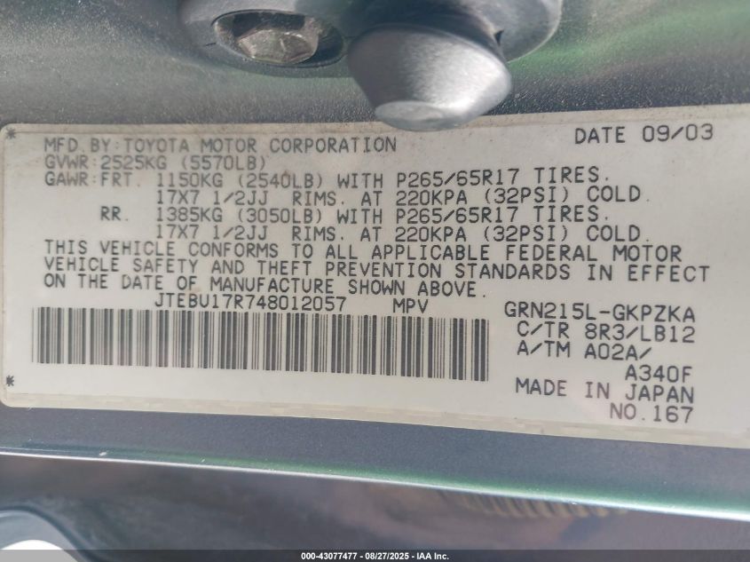 2004 Toyota 4Runner Limited V6 VIN: JTEBU17R748012057 Lot: 43077477