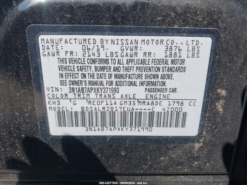 2019 Nissan Sentra Sr VIN: 3N1AB7APXKY371990 Lot: 43077505