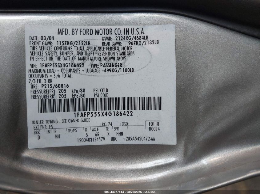 2004 Ford Taurus Ses VIN: 1FAFP55SX4G186422 Lot: 43077514