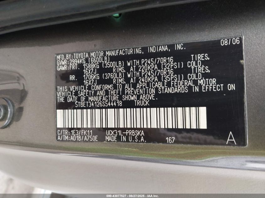 2006 Toyota Tundra Sr5 V8 VIN: 5TBET34126S544418 Lot: 43077527