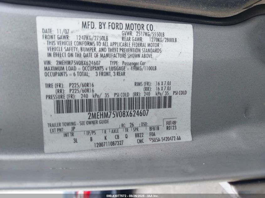 2008 Mercury Grand Marquis Ls VIN: 2MEHM75V08X624607 Lot: 43077572