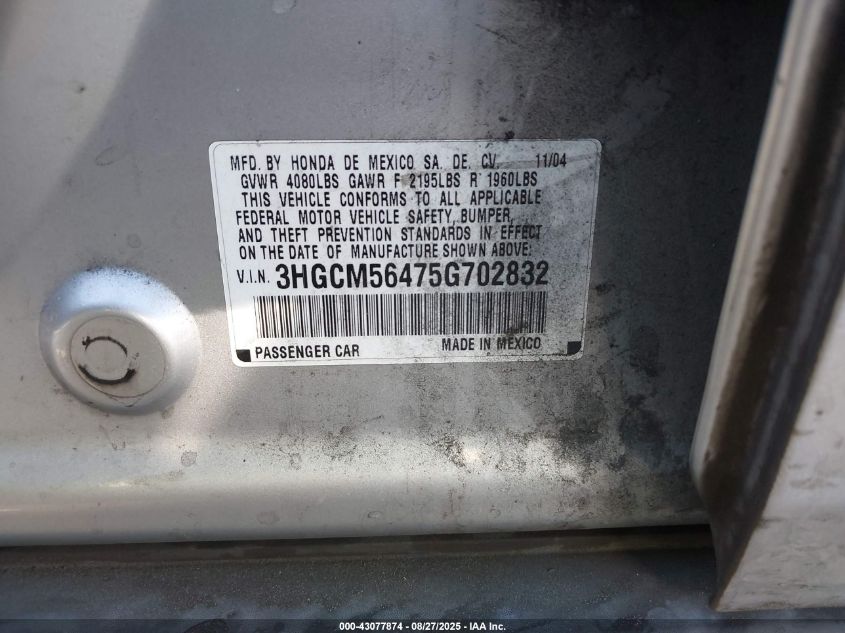 2005 Honda Accord 2.4 Lx VIN: 3HGCM56475G702832 Lot: 43077874