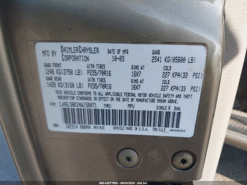 2004 Jeep Liberty Limited Edition VIN: 1J4GL58K24W158071 Lot: 43077900