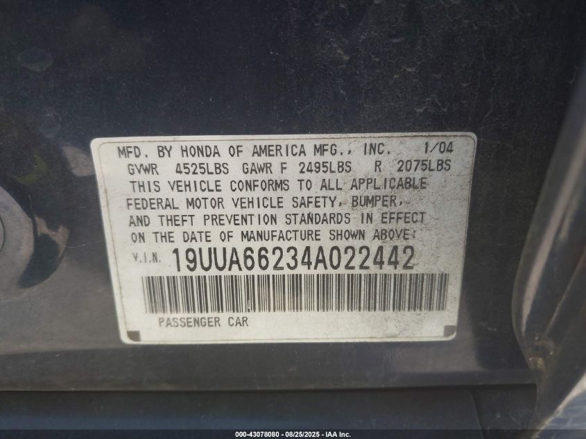 2004 Acura Tl VIN: 19UUA66234A022442 Lot: 43078080
