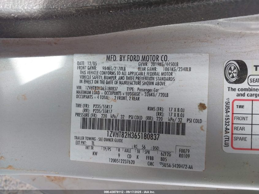 2006 Ford Mustang Gt VIN: 1ZVHT82H365180837 Lot: 43078112