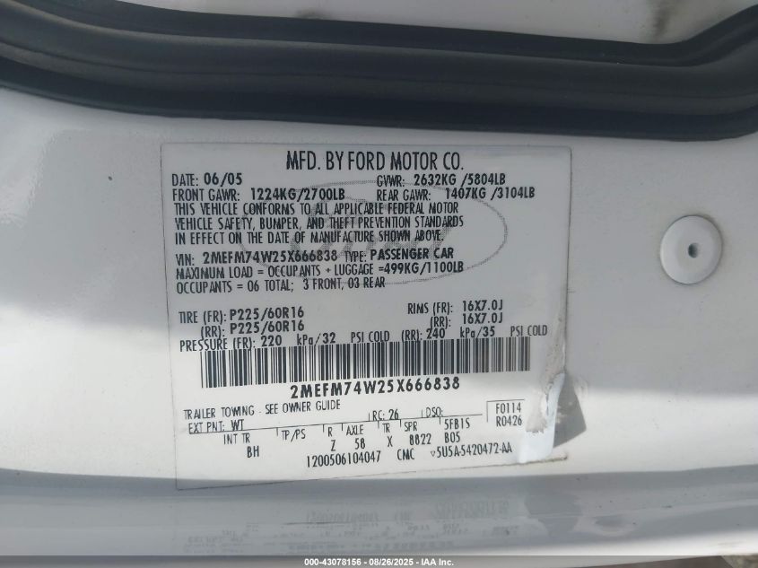 2005 Mercury Grand Marquis Gs VIN: 2MEFM74W25X666838 Lot: 43078156