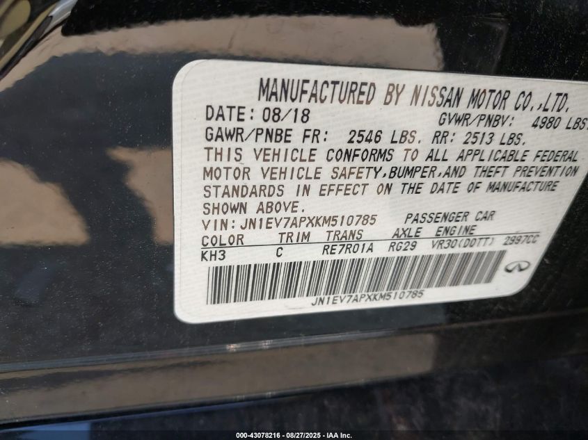 2019 Infiniti Q50 3.0T Luxe VIN: JN1EV7APXKM510785 Lot: 43078216