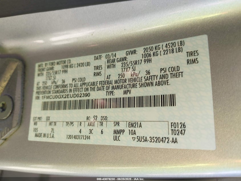 2014 FORD ESCAPE SE 1FMCU0GX2EUD02390