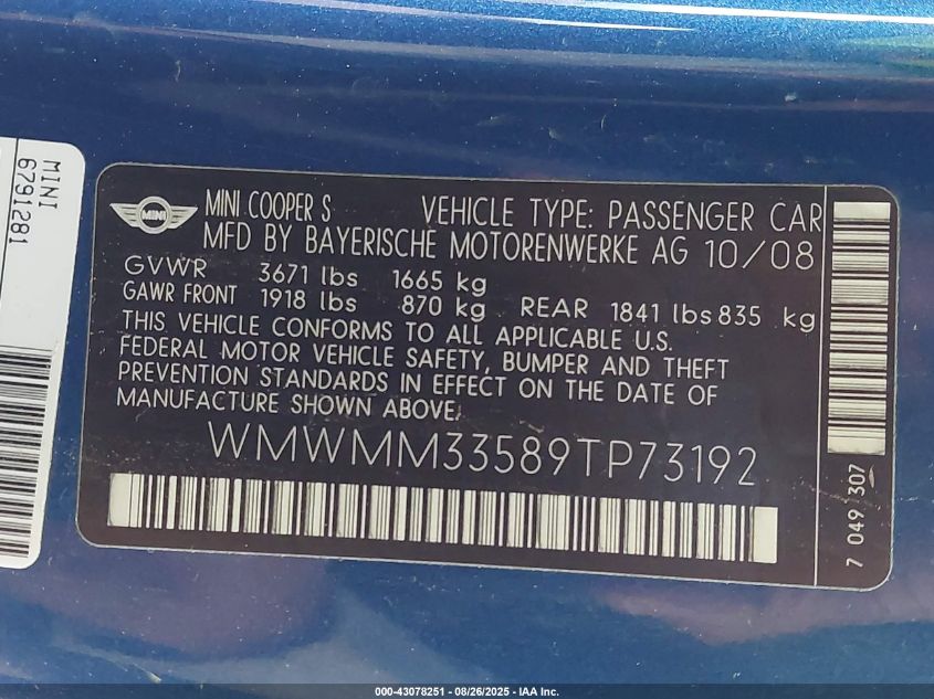 2009 Mini Cooper S Clubman VIN: WMWMM33589TP73192 Lot: 43078251
