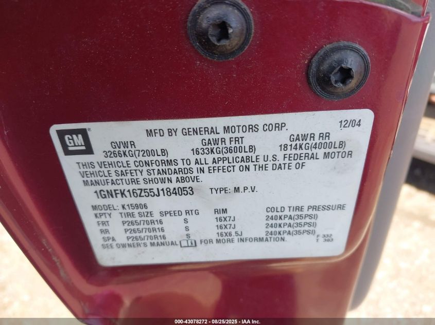 2005 Chevrolet Suburban 1500 Ls VIN: 1GNFK16Z55J184053 Lot: 43078272