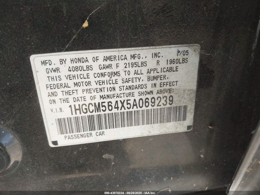 2005 Honda Accord 2.4 Lx VIN: 1HGCM564X5A069239 Lot: 43078334