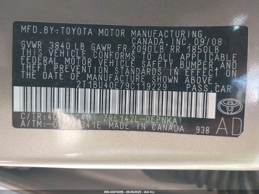 2009 Toyota Corolla Xle VIN: 2T1BU40E79C119229 Lot: 43078396