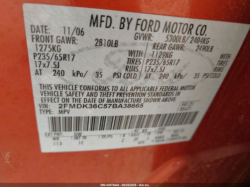 2007 Ford Edge Se VIN: 2FMDK36C57BA38665 Lot: 43078444