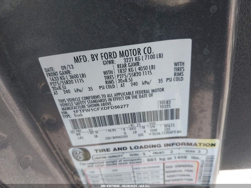 2013 Ford F-150 Fx2 VIN: 1FTFW1CFXDFD56277 Lot: 43078666