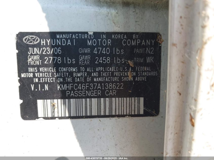 2007 Hyundai Azera Limited/Se VIN: KMHFC46F37A138622 Lot: 43078739