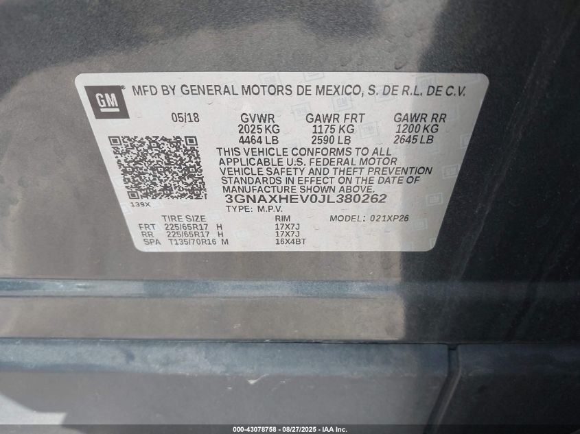 2018 Chevrolet Equinox Ls VIN: 3GNAXHEV0JL380262 Lot: 43078758