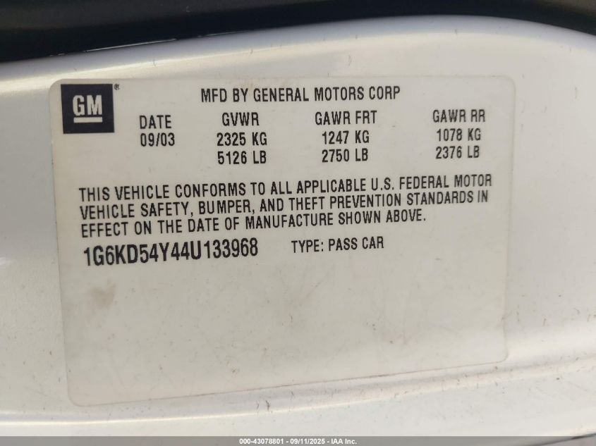 2004 Cadillac Deville Standard VIN: 1G6KD54Y44U133968 Lot: 43078801