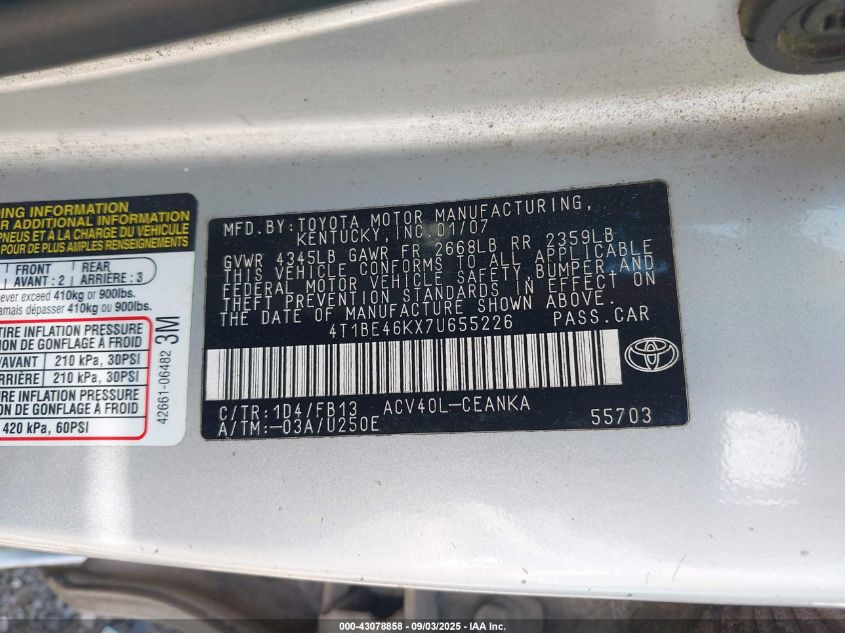 2007 Toyota Camry Le VIN: 4T1BE46KX7U655226 Lot: 43078858