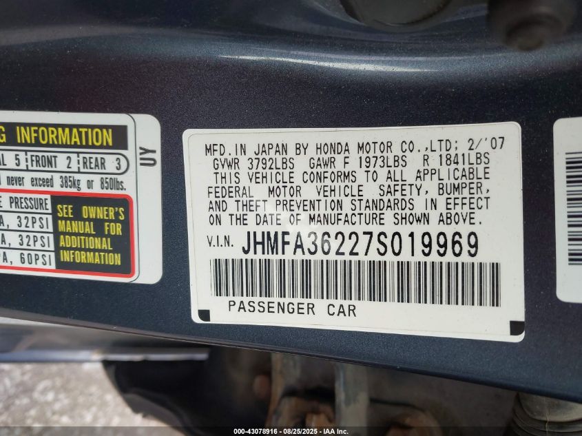 2007 Honda Civic Hybrid VIN: JHMFA36227S019969 Lot: 43078916