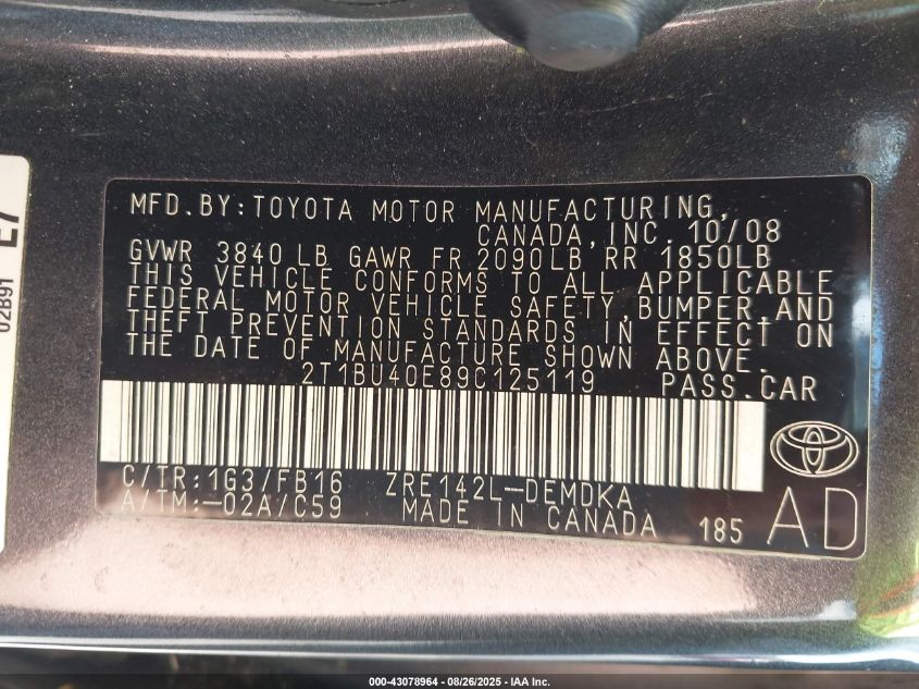 2009 Toyota Corolla S/Le/Xle VIN: 2T1BU40EA9C125119 Lot: 43078964