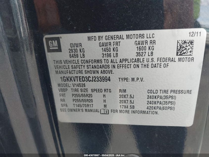 2012 GMC Acadia Denali VIN: 1GKKVTED3CJ233994 Lot: 43078987