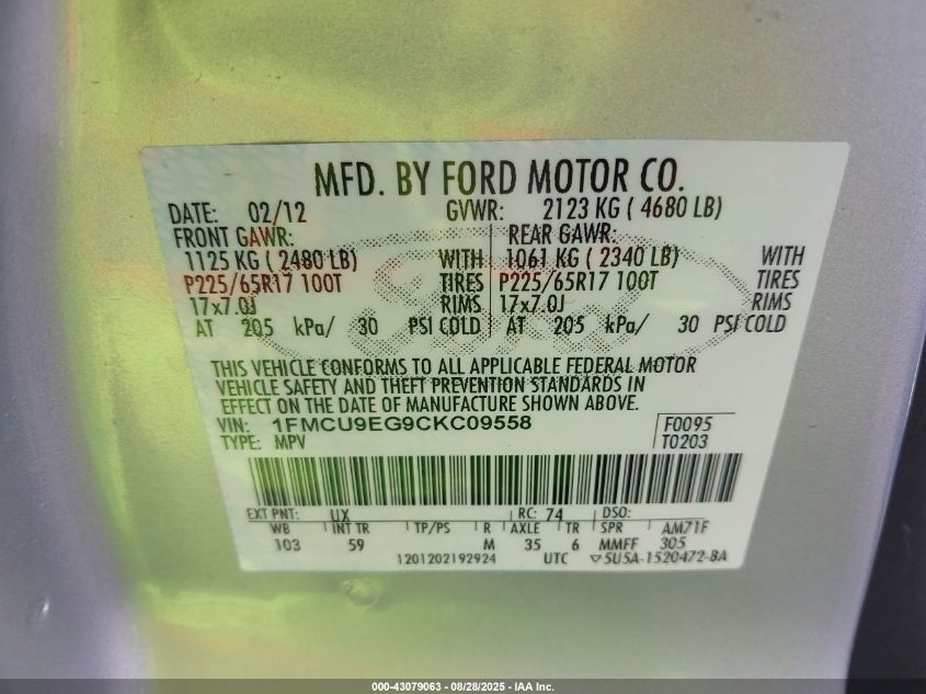 2012 Ford Escape Limited VIN: 1FMCU9EG9CKC09558 Lot: 43079063