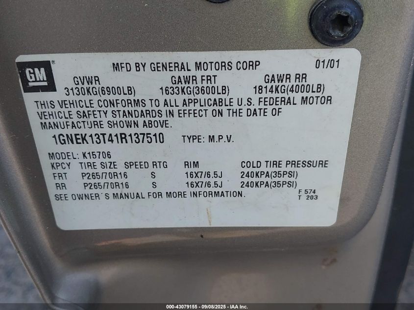 2001 Chevrolet Tahoe Lt VIN: 1GNEK13T41R137510 Lot: 43079155
