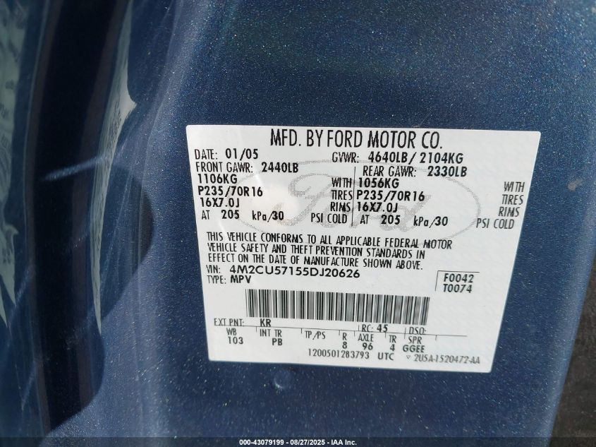 2005 Mercury Mariner Luxury/Premier VIN: 4M2CU57155DJ20626 Lot: 43079199