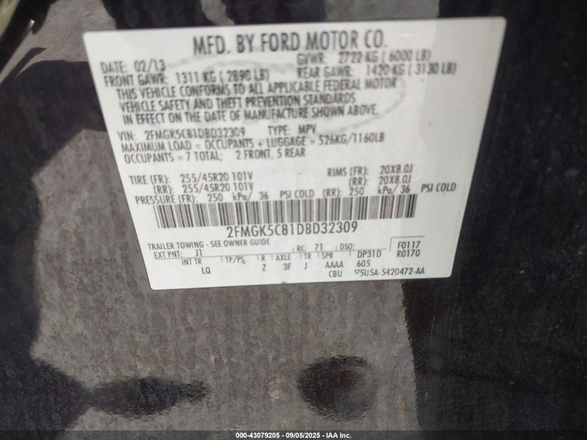 2013 Ford Flex Sel VIN: 2FMGK5C81DBD32309 Lot: 43079205