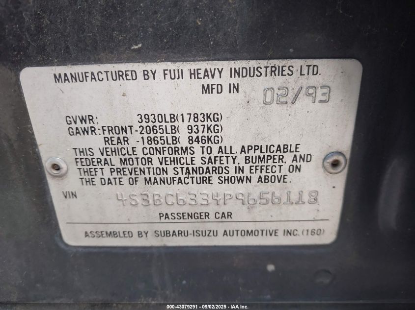 1993 Subaru Legacy L VIN: 4S3BC6334P9656118 Lot: 43079291